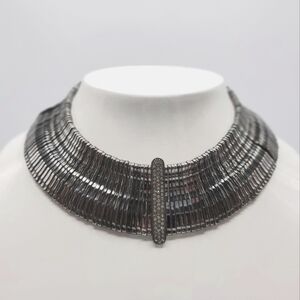 Gunmetal‎ Metal Bar Choker Statement Necklace with Crystal Center